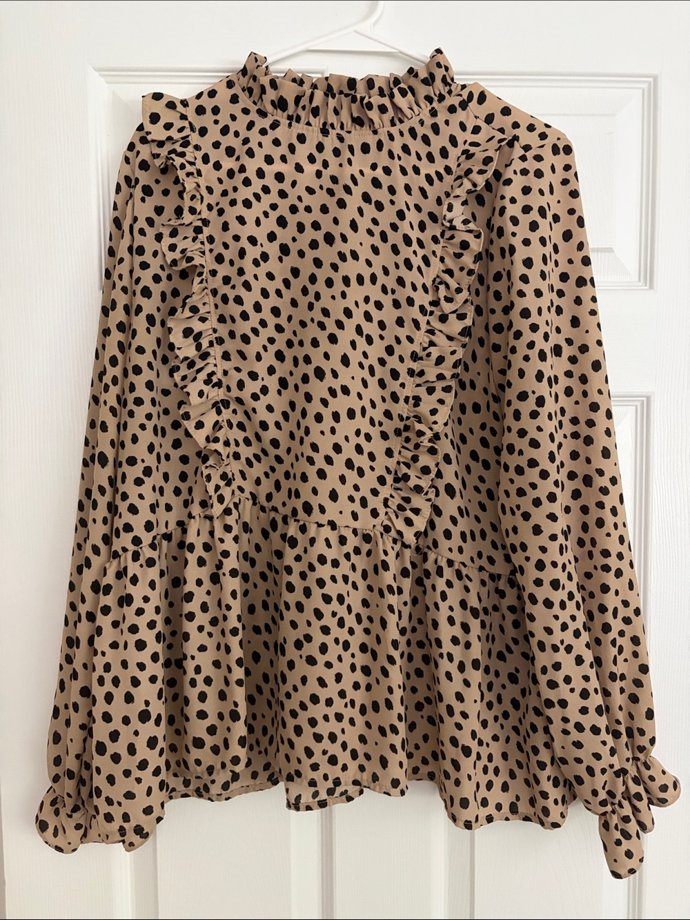 Lovely Melody Beige and Black Ruffle Polka Dot Blouse